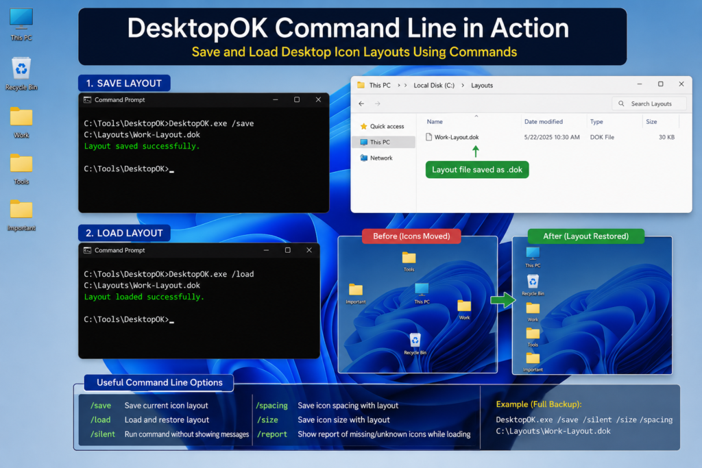 DesktopOK Command Line Guide: Save and Load Icon Layouts Using Commands