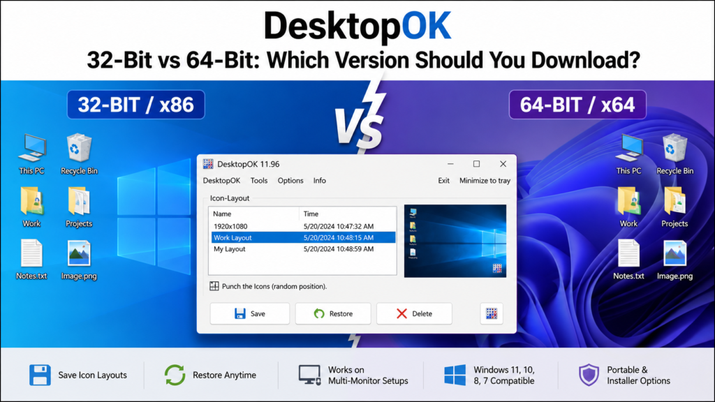DesktopOK 32-bit vs 64-bit version comparison for Windows