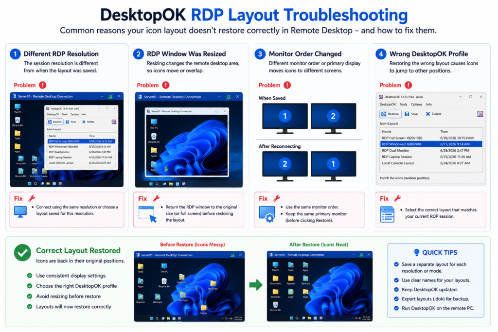 DesktopOK RDP icon layout troubleshooting checklist