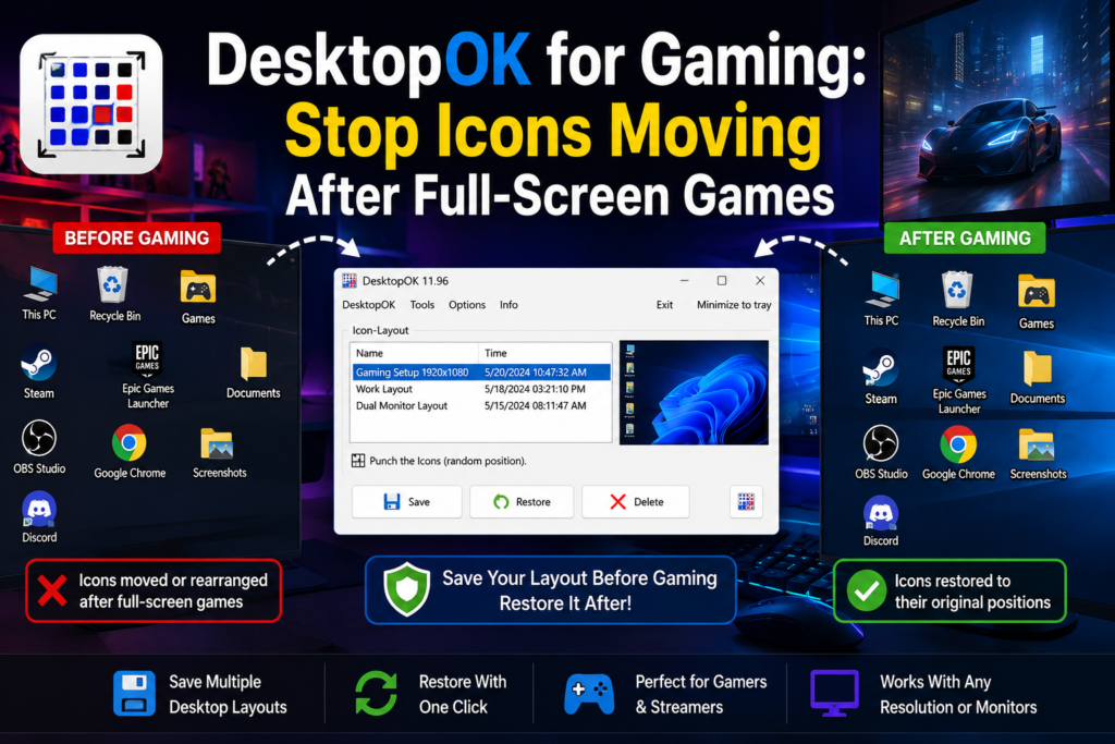 DesktopOK for gaming restoring desktop icons after a full-screen game