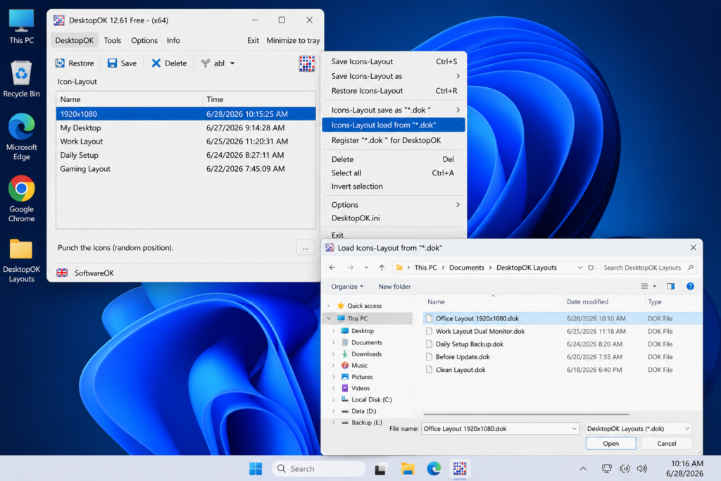 DesktopOK loading a saved icon layout from a .dok file