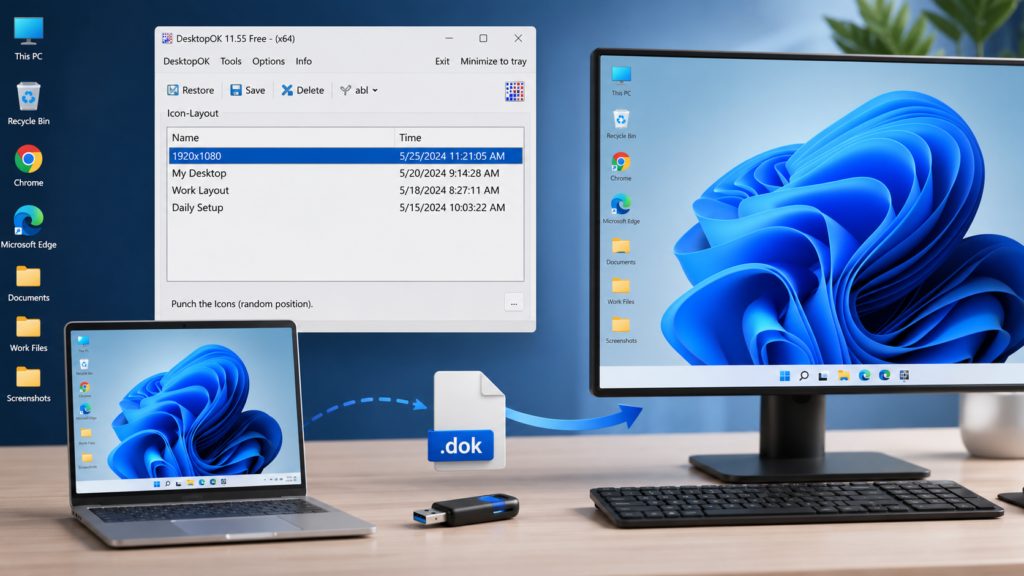 DesktopOK main interface showing saved desktop icon layouts