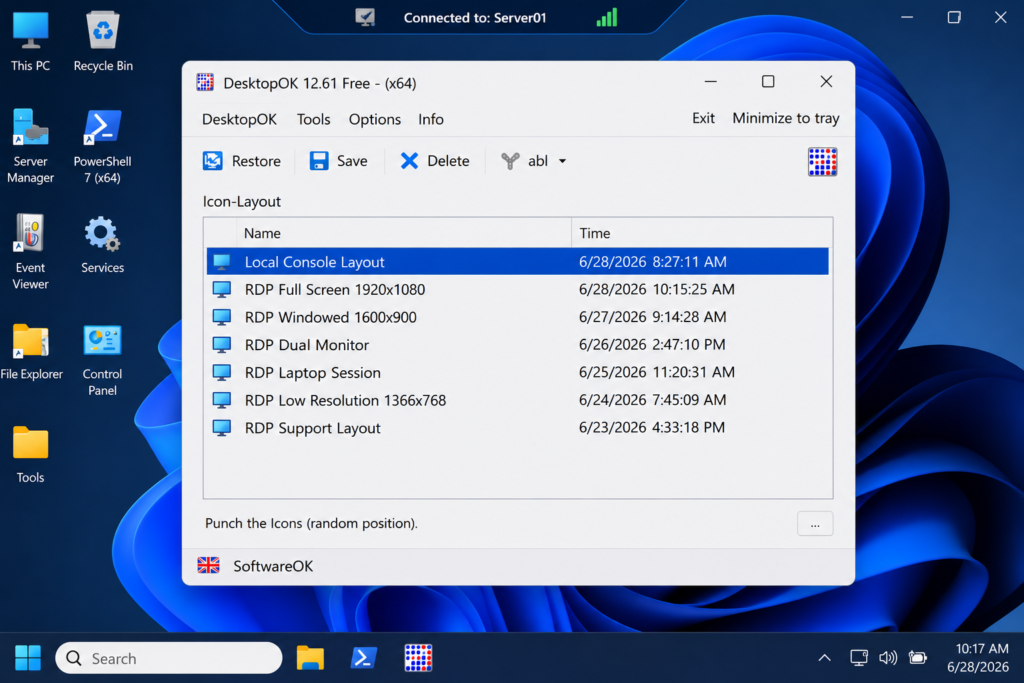DesktopOK profiles for local, full-screen and windowed RDP layouts