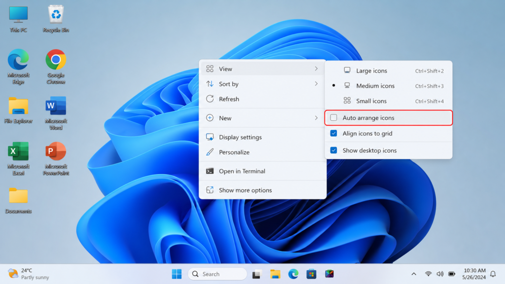 Disable Auto arrange icons from the Windows desktop View menu