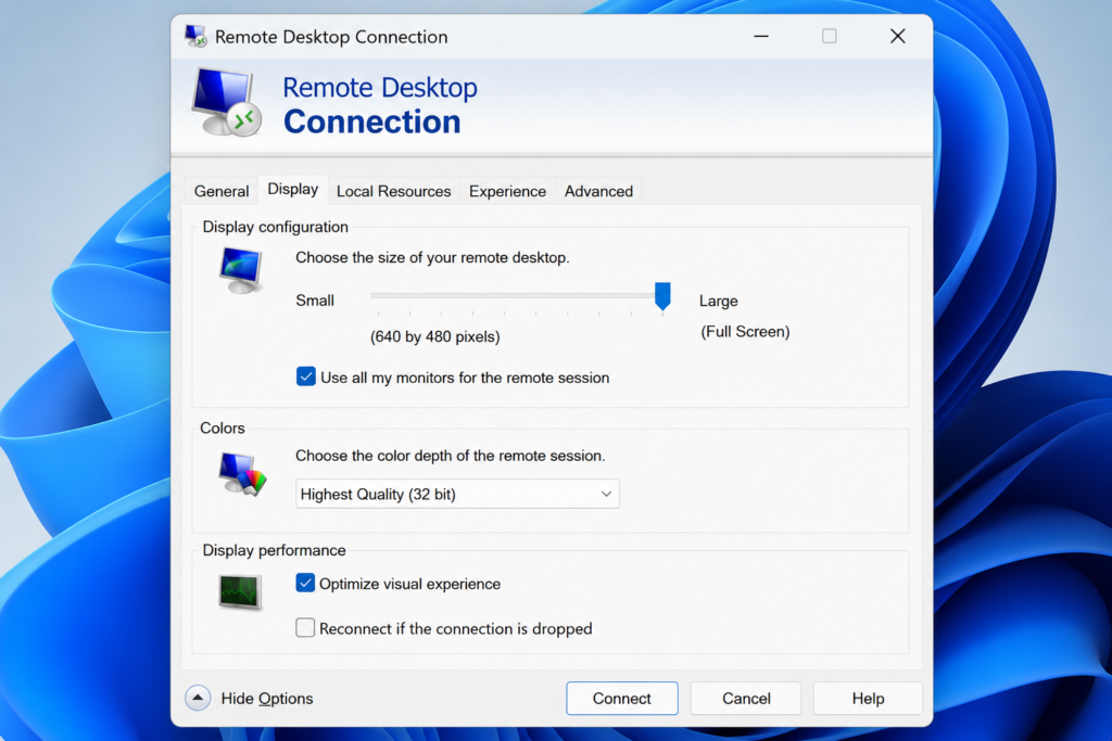 Remote Desktop Connection display settings configured for full screen