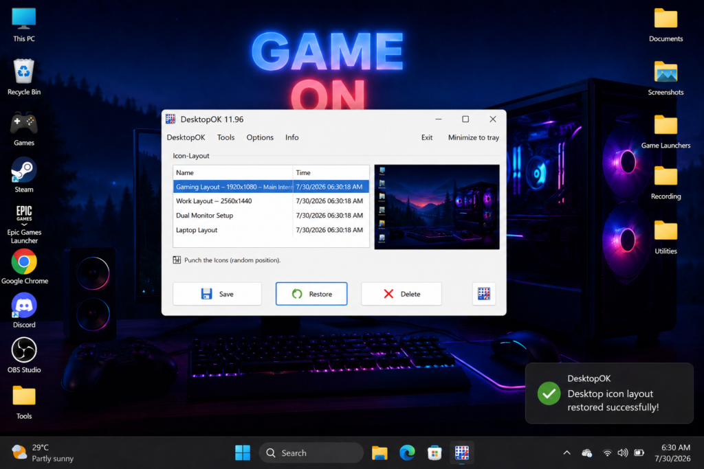 Restore desktop icons after gaming using DesktopOK