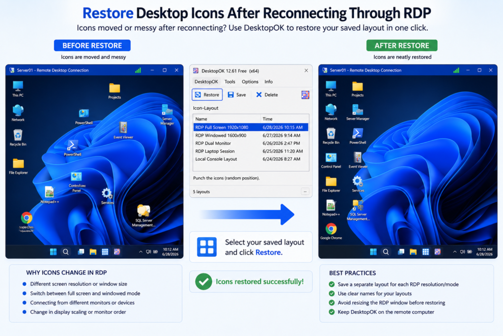 Restoring desktop icons after reconnecting through Remote Desktop