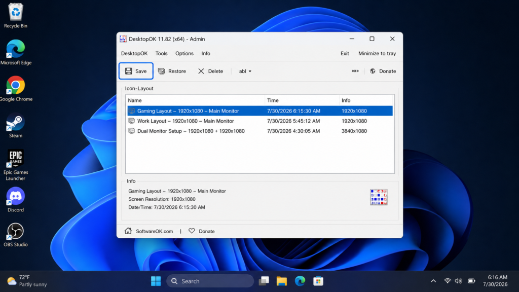 Save a gaming desktop icon layout in DesktopOK