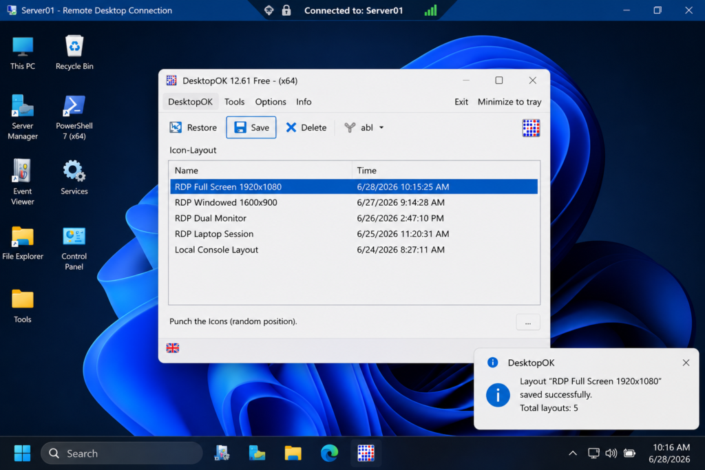 Saving an RDP desktop icon layout with DesktopOK