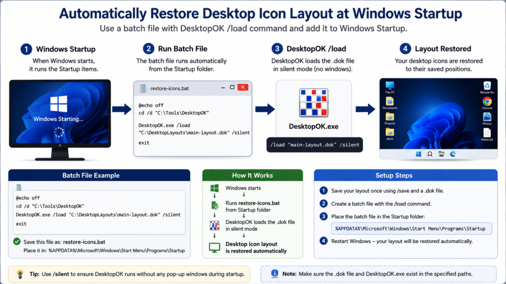 DesktopOK command line automation to restore desktop icon layout at Windows startup