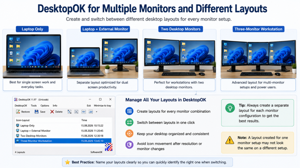 DesktopOK layouts for single and multiple monitor setups