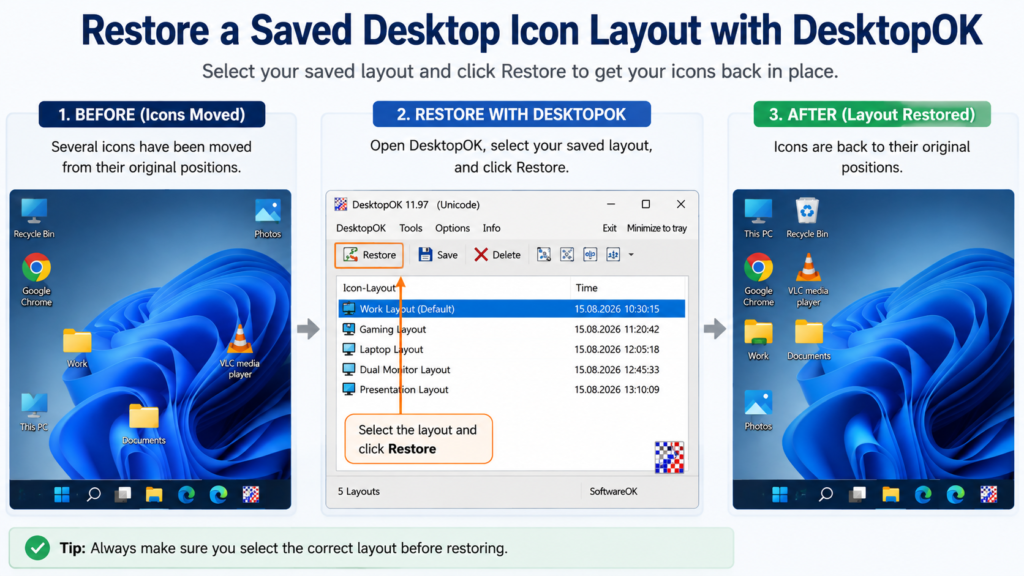 Restoring a saved desktop icon layout with DesktopOK