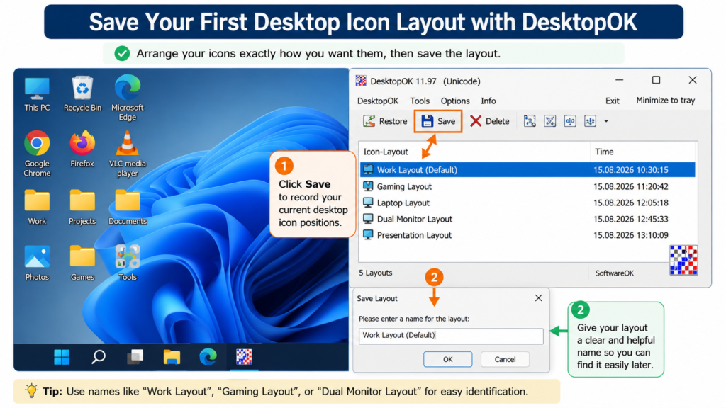 Saving a desktop icon layout with DesktopOK